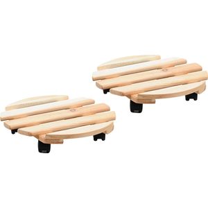 Kesper Plantenpot trolley - 2x - hout - lichtbruin - rond - 35 x 35 cm - max 100 kilo - potten verrijden - niet tillen - bloempotten wielen