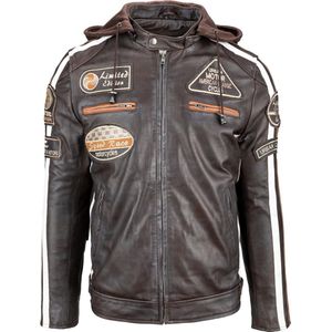 Urban 5884® - Fifty Eight - Heren Motorjas - Gewaxt Lams Leer- Bruin – Afritsbare Hoodie -Maat 4XL