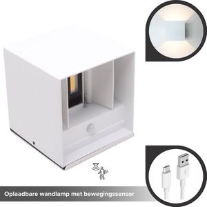 Wandlamp Met Bewegingssensor - Wit - Wandlamp Voor Binnen en Buiten - Oplaadbaar USB-C - Zwarte up-down kubus wandlamp - Wandlamp op batterijen