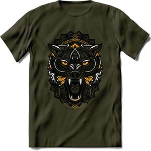 Wolf - Dieren Mandala T-Shirt | Geel | Grappig Verjaardag Zentangle Dierenkop Cadeau Shirt | Dames - Heren - Unisex | Wildlife Tshirt Kleding Kado | - Leger Groen - XXL