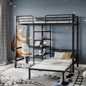 Bed met ijzeren frame, stapelbed met tafel en planken, geschikt voor kinderen en tieners, met vijf-traps haakse ladder, vier zijhekken op het bovenste bed, ijzer + MDF, zwart, 90x200cm