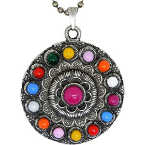 Zeeuwse knoop collier verzilverd, bolletjesketting lang en kort met hanger knop Zeeuws, 4 cm vrolijk en kleurig, multicolour