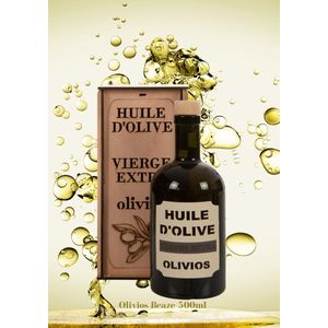 Olivios Beaze  premium Spaanse olijfolie viege extra500ml fles met luxe Skai (leder)label verpakt in handgemaakte houten cadeau verpakking het perfecte cadeautje