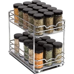 Kruidenrek Organizer, Uittrekbaar Kruidenrek, Keukenkast Organizer met Kastplank, Opbergrek, 2 Tier Kruidenrekken voor Keuken, Flessen Olie Ingrediënten Potten Koken (Zilver 28 x 23 x 26 cm)