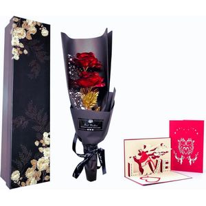Gouden Roos Bloemboeket Met Goudfolie - Perfect Romantisch Cadeau In Geschenkdoos Voor Haar - Ideaal Voor Valentijnsdag - Moederdag - Jubileum - Verjaardag Of Kerstmis (Rood)