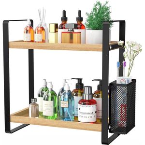 2-Tier Houten Aanrecht Organizer voor Badkamer - Teller Huidverzorging Organizers met Kleine Mand bathroom shelf wood