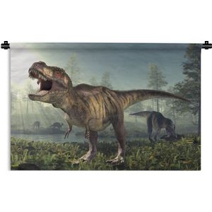 Wandkleed Dinosaurus illustratie - Een computerillustratie van een Tyrannosaurus in een veld Wandkleed katoen 90x60 cm - Wandtapijt met foto