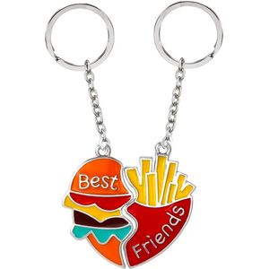 Bixorp Friends Fast Food Hartje BFF Sleutelhanger voor 2 - Zilverkleurig met Hamburger & Frietjes - Magnetische Sleutel hanger Vriendschap Cadeau