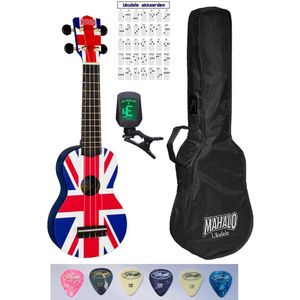 Mahalo sopraan ukulele starter pakket Britse vlag + stemapparaat + draagtas + 6 plectrums + akkoordenkaart