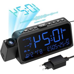 Digitale wekker met projectie en 5 dimmers - 270° projector, type C USB-oplader, 12/24 uur, snooze, batterijback-up - voor oudere kinderen