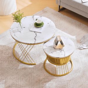 Ronde Salontafel Set van 2 met Marmerfineer en Opbergruimte - Hoogglans Woonkamer Tafel met Metalen Frame in Goud en Wit