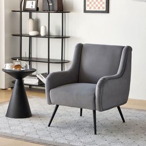 Moderne woonkamer vrijetijdsstoel met hoge rugleuning, fluwelen stoel, leesstoel, vrijetijdsstoel, enkele fauteuil, vrijetijdsstoel met metalen armleuning grijs