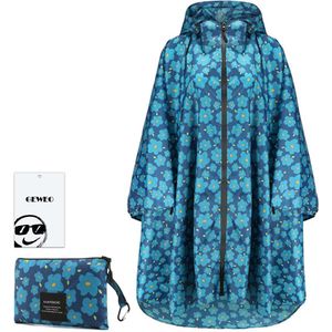 Geweo Regenponcho Volwassenen - Regenmantel Poncho - Raincoat Heren -Fietsponcho - Fietsponcho Fiets Dames - Herbruikbaar- One Size - Unisex - Adjustable Hood en Snap-buttons - Blauwe Bloemen