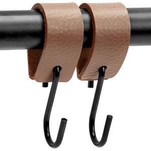 Brute Strength - Leren S-haak hangers - Taupe - 2 stuks - 12,5 x 2,5 cm – Zwart zilver – Leer - handdoekhaakjes - Ophanghaken – kapstokhaak