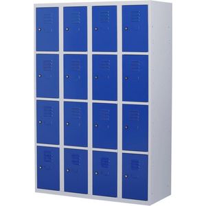 Lockerkast metaal met slot - 16 deurs 4 delig - Grijs/blauw - 180x120x50 cm - LKP-1016