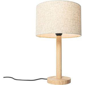 Landelijke Tafellamp Hout met Linnen Kap - 25 cm - Geschikt voor LED - Dimbaar - Perfect voor Woonkamer en Slaapkamer