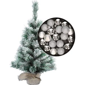 Besneeuwde mini kerstboom/kunst kerstboom 35 cm met kerstballen zilver - Kerstversiering