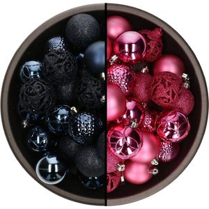 Bellatio Decorations Kerstballen mix - 74-delig - fuchsia roze en donkerblauw - 6 cm - kunststof