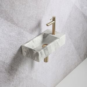 Fonteinset Mia 40.5x20x10.5cm marmerlook wit grijs rechts inclusief fontein kraan, sifon en afvoerplug mat goud