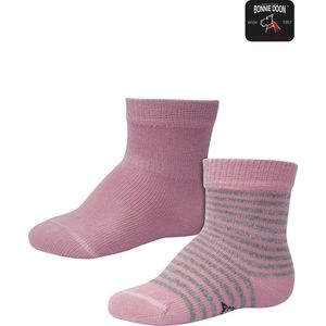 Bonnie Doon Sokken Set Gestreept en Effen voor Baby's Roze/Grijs 4-8 mnd - Organisch Katoen - 2 paar - GOTS gecertificeerd - Stay-on-socks - Unisex - Jongens - Meisjes - Zakt niet Af - Strepen - 2-pack - Multipack - Mesa Rose - OL0441012.19