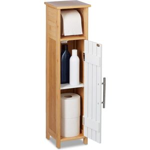 staande wc rolhouder, badkamerkast, 71 x 18 x 20 cm, bamboe, verstelbare planken, toiletkast, bruin/wit