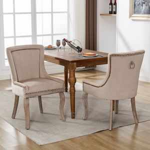 Sweiko Luxe Eetkamerstoelen (Keukenstoelen, Woonkamer Stoelen, 2-delige), Zachte Kussens stoelen met spijkerhoofd decoratie, massief houten poten, fluwelen cover, beige kleur