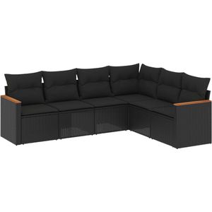 vidaXL - 6-delige - Loungeset - met - kussens - poly - rattan - zwart