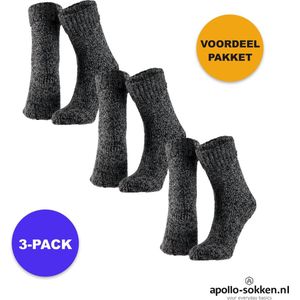 Apollo - Wollen Huissokken Unisex - 3-Pack Voordeel - Zwart - Maat 35/38 - Huissokken - Wintersokken antislip