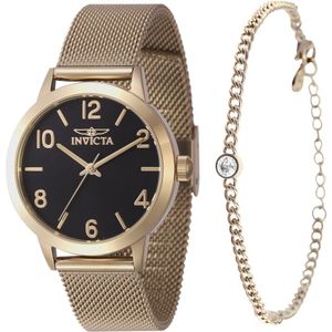 Invicta Wildflower 47277 Dames Horloge - Waterdicht - Analoog - Quartz Uurwerk - Roestvrij Staal met zwarte Wijzerplaat - 34mm - met bijpassende armband