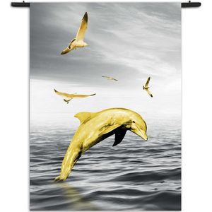 Velours Wandkleed Springende Dolfijnen Goud 02 Rechthoek Verticaal XL (210 X 150 CM) - Wandkleden - Met roedes