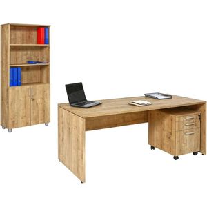 Furni24 Bureauset Nuvi saffier eiken decor, bestaande uit: bureau 160 cm, rolblok met 3 laden & archiefkast, open aan de bovenzijde en deuren aan de onderzijde 190 cm hoog