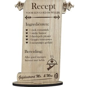 Recept huwelijk - kaart van hout - houten wenskaart - huwelijkscadeau Mr & Mrs - 17.5 x 25 cm