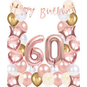 Snoes Ballonnen 60 Jaar Rose Gold White Dots - Compleet Feestpakket met cijfer ballon 60 jaar - Verjaardag Versiering Slinger Happy Birthday – Folieballon – Latex Ballonnen - Helium Ballonnen - Rose Feestpakket