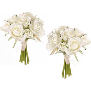 Topart Boeketje kunstbloemen - 2x - rozen - wit - 20 cm - Bruidsboeketten