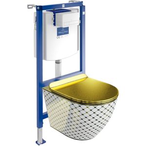 Villeroy&Boch Inbouwreservoir Complete Toiletset ViConnect H112 - Inbouw WC Hangtoilet Wandcloset SOFI SLIM CHECKED GOLD - Bedieningsplaat Wit - Voorwandelement voor toilet - Installatiesysteem