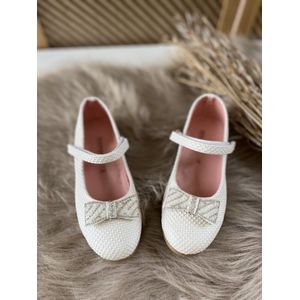 meisjesschoenen-luxe feestschoenen-leren ballerina-klittenbandsluiting-sierstrik-parels-strass steentjes-stipjes-kleur crème-bruidsmeisjes-bruiloft-feest-verjaardag-fotoshoot- maat 27