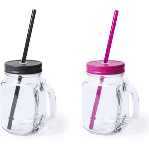 6x stuks Glazen Mason Jar drinkbekers met dop en rietje 500 ml - 3x zwart/3x roze - afsluitbaar/niet lekken/fruit shakes