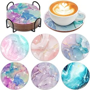 Diamond painting - onderzetters - marmer - 6 stuks - ronde steentjes - volledig te beplakken