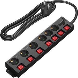 Meervoudige Wandcontactdoos Enkelvoudig Schakelbaar - 6-Voudige Wandcontactdoos Met Schakelaar - Wandcontactdoos Met Overspanningsbeveiliging - Kinderbeveiliging - 90° Draaibaar - 2M - Zwart