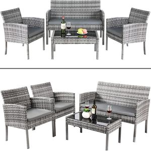 Rustive Tuinset - Tuinbank met Tafel - met Loungebank, Stoelen & Salontafel - met Kussens - Geschikt voor in de Achtertuin - Grijs