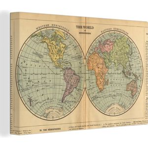 Canvas Wereldkaart - 60x40 - Wanddecoratie Antieke wereldkaart westelijk en oostelijk halfrond