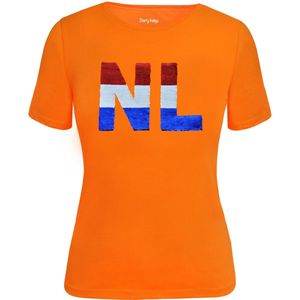 Dames Slim fit T-shirt Nederlandse vlag met magic sequence | koningsdag kleding| Holland | EK-WK-Olympische Spelen | Oranje | maat L