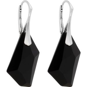 DBD - Zilveren Oorbellen - Swarovski Kristal Elements - Asymmeterisch - Zwart - 24MM - Anti Allergisch