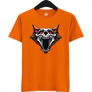 Furry Skull Dog - Halloween Hellhound Wolf Dames / Heren Unisex T-shirt - Grappig Hond Kostuum Shirt Idee Voor Volwassenen - T-Shirt - Unisex - Oranje - Maat L