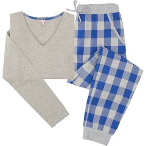 La-V pyjamaset voor dames met flanel joggingbroek en top met kant grijs/blauw XXL