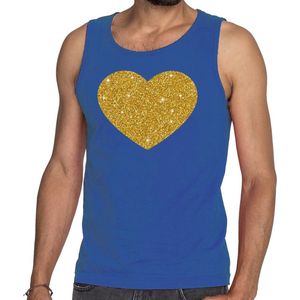 Gouden hart glitter tekst tanktop / mouwloos shirt blauw heren - heren singlet Gouden hart XXL