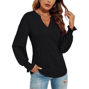 ASTRADAVI Casual Wear - Dames V-Hals Blouse - Stijlvolle Top met Geplooide Mouwen - Zwart / Medium