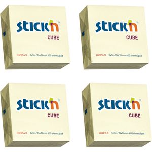 Stick'n Memokubus notes - 4 pack - 76x76mm, pastel geel, 1600 sticky notes