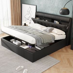Sweiko Tweepersoonsbed - 140*200 cm - Hydraulisch bed - Hoofdbord opbergruimte - PU - Zonder matras - Zwart