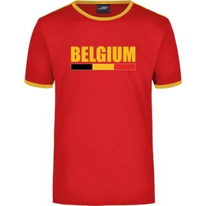 Belgium supporter rood/geel ringer t-shirt Belgie met vlag - heren - Belgie landen shirt - supporter kleding / EK/WK L